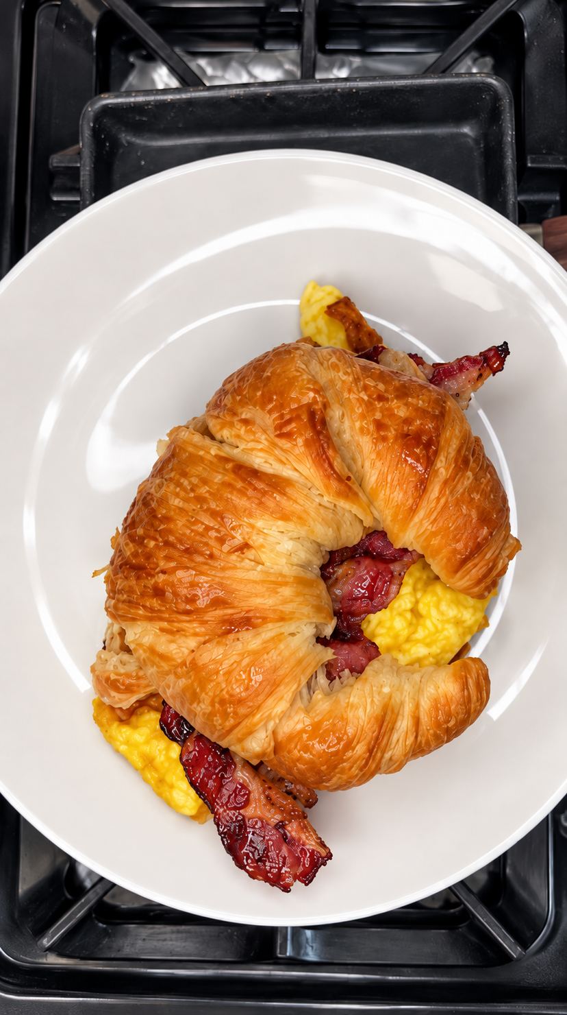 A butter croissant filled with a folded egg and crispy beef bacon.
